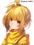  artist_name blonde_hair blush hair_ornament looking_at_viewer mallet_(ole_tower) mataichi_mataro ole_tower pout shirt simple_background solo upper_body white_background yellow_eyes yellow_shirt 