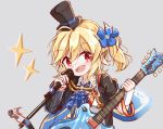  aiguillette alternate_costume alternate_hairstyle blonde_hair blue_cape blue_flower cape commentary_request flower girls_frontline guitar hair_between_eyes hair_flower hair_ornament hat highres holding holding_instrument instrument matsuo_(matuonoie) nagant_revolver_(girls_frontline) open_mouth red_eyes simple_background solo top_hat upper_body 