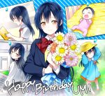  age_progression baby bangs birthday blue_hair bouquet character_name child closed_mouth commentary_request english eyebrows_visible_through_hair flower hair_between_eyes happy_birthday holding holding_bouquet kisaragi_mizu long_hair looking_at_viewer love_live! love_live!_school_idol_project multiple_persona otonokizaka_school_uniform school_uniform smile sonoda_umi yellow_eyes younger 