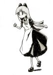 apron bow bowtie commentary_request dress full_body greyscale hair_bow long_hair long_sleeves maid maid_apron mary_janes monochrome original shoes short_sleeves simple_background solo standing tonmoh walking white_background 