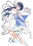  bangs barefoot birthday blue_hair blush character_name closed_mouth commentary_request dress floating full_body hair_between_eyes hairband kurokoshi_you long_hair looking_at_viewer love_live! love_live!_school_idol_festival love_live!_school_idol_project see-through simple_background sleeveless sleeveless_dress smile solo sonoda_umi white_background white_dress yellow_eyes 