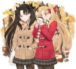  bag black_bow black_hair blonde_hair blush bow brown_coat brown_legwear brown_scarf closed_mouth coat coffee_cup commentary_request covered_mouth cup disposable_cup duffel_coat ereshkigal_(fate/grand_order) fate/grand_order fate_(series) fringe_trim grey_skirt hair_bow hands_in_pockets hayashi_kewi head_tilt holding holding_cup ishtar_(fate/grand_order) long_hair long_sleeves multiple_girls pantyhose plaid plaid_scarf plaid_skirt plastic_bag pleated_skirt red_bow red_coat red_eyes scarf shopping_bag skirt sleeves_past_wrists smile tiara tree two_side_up very_long_hair 