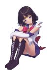  back_bow bishoujo_senshi_sailor_moon black_hair boots bow choker circlet closed_mouth cross-laced_footwear elbow_gloves full_body gloves head_tilt knee_boots lace-up_boots looking_at_viewer lud magical_girl panties pantyshot pantyshot_(sitting) pleated_skirt purple_eyes purple_footwear purple_neckwear purple_sailor_collar purple_skirt red_bow sailor_collar sailor_saturn sailor_senshi_uniform short_hair simple_background sitting skirt smile solo tomoe_hotaru underwear white_background white_gloves 