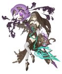  aqua_eyes bags_under_eyes bare_shoulders brown_hair cage chain crystal elbow_gloves eyebrows_visible_through_hair fingerless_gloves flat_chest frills full_body gauntlets gloves gold_trim gretel_(sinoalice) habit hansel_(sinoalice) holding holding_staff ji_no nun official_art short_hair sinoalice solo staff thighhighs torn_clothes transparent_background 