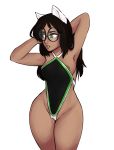  animal_humanoid areola areola_slip black_hair breasts camel_toe canine canine_humanoid clothed clothing dark_skin dog_humanoid eyewear female front_view glasses green_eyes hair hands_behind_head hi_res homestuck humanoid jade_harley looking_away mammal ms_paint_adventures one-piece_swimsuit pinup portrait pose rainbowsprinklesart simple_background solo standing swimsuit three-quarter_portrait white_background 