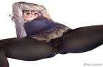  bangs black_legwear blue_eyes blush closed_mouth commentary_request crotch_seam eyebrows_visible_through_hair grey_jacket grey_skirt hair_between_eyes jacket juurouta kantai_collection long_sleeves looking_at_viewer lying on_back pantyhose pink_hair pleated_skirt remodel_(kantai_collection) shiranui_(kantai_collection) shirt simple_background skirt solo spread_legs twitter_username white_background white_jacket white_shirt 