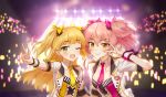  :d ;d blonde_hair blurry blurry_background bow brown_eyes earrings fang flat_chest glowstick hair_bow heart heart_earrings idolmaster idolmaster_cinderella_girls jewelry jougasaki_mika jougasaki_rika mameris2 multiple_girls nail_polish one_eye_closed open_mouth pink_bow pink_hair pink_neckwear short_sleeves smile stage_lights stud_earrings upper_body v wrist_cuffs yellow_bow yellow_eyes yellow_nails 