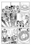  bell butter butter_knife comic commentary fighting_stance food greyscale hair_bell hair_ornament headgear highres ikazuchi_(kantai_collection) jingle_bell kantai_collection long_hair military military_uniform monochrome nelson_(kantai_collection) open_mouth otoufu pancake parody pose school_uniform short_hair side_ponytail skirt sunrise_stance translated uniform ushio_(kantai_collection) very_long_hair weapon 