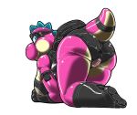  2018 anus areola blue_eyes breasts clothed clothing eggmaker female kitsune_youkai looking_at_viewer looking_back mario_bros multicolored_skin nintendo nipples pink_skin pink_yoshi pussy rubber simple_background solo tan_skin twilight_stormshi_(character) two_tone_skin video_games white_background yoshi 