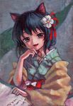  ama-tou animal_ears black_hair cat_ears flower hair_flower hair_ornament hieda_no_akyuu japanese_clothes kemonomimi_mode oil_painting_(medium) scroll short_hair smile solo touhou traditional_media 