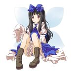  bangs black_hair blunt_bangs boots bow dress fairy fuguno full_body hair_bow highres long_hair open_mouth panties pantyshot pantyshot_(sitting) sitting solo star_sapphire striped striped_panties surprised touhou transparent_background underwear wings 