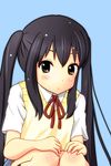  :o black_hair blush brown_eyes hands_on_own_knees inaton k-on! long_hair nakano_azusa neck_ribbon open_mouth red_ribbon ribbon school_uniform solo squatting sweater sweater_vest twintails 