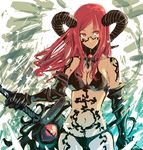  bad_id bad_pixiv_id bikini black_gloves bodypaint breasts cleavage collarbone dark_skin elbow_gloves eyeball gauntlets gloves holding holding_sword holding_weapon horns long_hair looking_at_viewer medium_breasts navel ochakai_shin'ya original red_eyes red_hair solo swimsuit sword tattoo weapon 