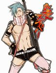  blue_hair cosplay crossdressing gloves gun kamina lowres male_focus red_eyes rifle scarf shirtless short_shorts shorts solo tattoo tengen_toppa_gurren_lagann thighhighs translation_request weapon yoko_littner yoko_littner_(cosplay) 