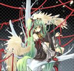  bad_id bad_pixiv_id bow bowtie detached_sleeves dress earrings frills green_eyes green_hair hair_ribbon hatsune_miku in_tree jewelry long_hair rabishia ribbon sitting sitting_in_tree solo thighhighs tree twintails very_long_hair vocaloid wings 