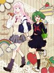  blonde_hair blue_eyes blush breasts cake earrings food gen_(enji) green_hair holding_hands hot_dog ice_cream jewelry long_hair loose_socks macross macross_frontier medium_breasts multiple_girls pastry rainbow ranka_lee red_eyes school_uniform sheryl_nome short_hair single_earring small_breasts smile socks 