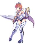  armor armpits blue_eyes boots breasts capelet choker cleavage copyright_request crown elbow_gloves gauntlets gloves high_heels jewelry large_breasts open_mouth pendant red_hair shield shoes short_hair skirt smile solo strap sword thigh_boots thighhighs torn_clothes uchiu_kazuma weapon 