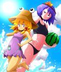  aono3 barefoot casual_one-piece_swimsuit dutch_angle error food frilled_swimsuit frills fruit hand_on_hip holding holding_food holding_fruit moriya_suwako multiple_girls navel one-piece_swimsuit sea_spray smile sports_bikini sun swimsuit touhou watermelon wrong_feet yasaka_kanako 