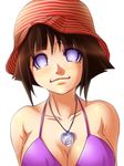  bad_id bad_pixiv_id bikini_top black_hair breasts cleavage halterneck hat hyuuga_hinata jewelry lowres medium_breasts naruto naruto_(series) necklace no_pupils short_hair simple_background smile solo swimsuit white_eyes yuriasu 