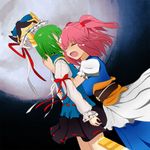  bad_id bad_pixiv_id blush closed_eyes crying fumei_(mugendai) green_hair hair_bobbles hair_ornament hat hug moon multiple_girls onozuka_komachi rod_of_remorse shiki_eiki tears touhou 