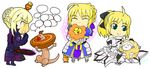  artoria_pendragon_(all) chibi erimaki_fashion fate/stay_night fate/unlimited_codes fate_(series) french_wooler highres mister_donut multiple_girls pon_de_lion saber saber_alter saber_lily 