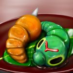  food gen_1_pokemon no_humans nohohon plate pokemon pokemon_(creature) sauce weedle 
