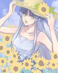  angel_beats! blue_hair day dress flower hat long_hair maron-san solo sundress sunflower tenshi_(angel_beats!) yellow_eyes 
