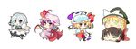  annoyed bat_wings blonde_hair blue_eyes bobby_socks bow braid brown_hair chibi crossed_arms flandre_scarlet fuguno hair_bow hakurei_reimu hat highres izayoi_sakuya kirisame_marisa knife multiple_girls purple_hair red_eyes remilia_scarlet short_hair side_braid side_ponytail silver_hair simple_background smile socks touhou twin_braids wings witch_hat yukkuri_shiteitte_ne 