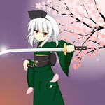  cherry_blossoms chiro_(bocchiropafe) japanese_clothes konpaku_youmu red_eyes solo sword touhou weapon white_hair 