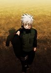  bandages black_gloves boots closed_eyes covered_mouth flak_jacket foreshortening from_above gloves hand_behind_head hand_in_pocket hand_up hatake_kakashi highres ite_(harukaka) male_focus mask naruto naruto_(series) ninja open_toe_shoes pants scar scar_across_eye shadow silver_hair solo spiked_hair standing toeless_boots v-shaped_eyebrows 