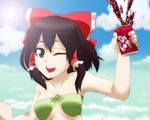 bandeau bikini_top breasts can cloud day dr_pepper drink hakurei_reimu jeno lens_flare medium_breasts o-ring o-ring_top one_eye_closed product_placement ribbon sky soda_can solo swimsuit touhou underboob 