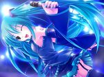  amino_kohaku aqua_eyes aqua_hair aqua_nails detached_sleeves game_cg hatsune_miku long_hair microphone nail_polish one_eye_closed open_mouth skirt smile solo thighhighs twintails vocaloid zettai_ryouiki 