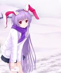  alternate_costume animal_ears bunny_ears bunny_tail coat contemporary highres lavender_hair leaning_forward letter long_hair looking_at_viewer love_letter pink_eyes pleated_skirt reisen_udongein_inaba scarf skirt smile snow solo tail touhou tucana very_long_hair 