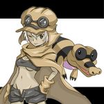  an black_eyes blue_eyes bob_cut breasts gen_5_pokemon gloves goggles goggles_on_head hat midriff moemon navel one_eye_closed open_fly personification pokemon pokemon_(creature) sandile short_hair small_breasts solo tan tank_top unbuttoned underboob unzipped white_hair 