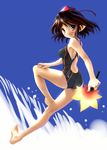  alternate_costume barefoot brown_eyes brown_hair competition_swimsuit fan feet full_body hat katahira_masashi legs looking_at_viewer one-piece_swimsuit pointy_ears shameimaru_aya short_hair smile solo swimsuit tokin_hat touhou 