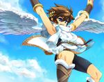  belt blue_eyes bracer brown_hair cloud day hpa_(foolish_factory) kid_icarus male_focus open_mouth pit_(kid_icarus) sky smile solo wings 