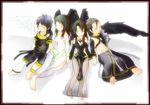  2girls angel_wings barefoot black_hair black_wings chibi cichol closed_eyes detached_sleeves dress half_updo holding_hands long_hair mabinogi morrighan multiple_boys multiple_girls neamhain nuadha reasya see-through wings 