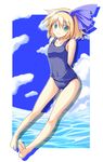  alice_margatroid alice_margatroid_(pc-98) arms_behind_back barefoot blonde_hair blue_hairband feet flat_chest green_eyes hairband nirap one-piece_swimsuit school_swimsuit short_hair smile solo swimsuit touhou touhou_(pc-98) 