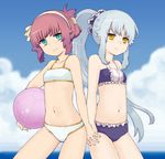  alternate_hairstyle angel_beats! aqua_eyes asababa_kure bad_id bad_pixiv_id ball beachball bikini blue_hair frills holding_hands long_hair multiple_girls ponytail purple_hair short_hair swimsuit tenshi_(angel_beats!) yellow_eyes yuri_(angel_beats!) 