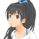  :o black_eyes black_hair bow close-up collarbone face ganaha_hibiki hair_bow halterneck idolmaster idolmaster_(classic) issei long_hair looking_away ponytail simple_background sketch solo 