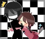  1girl bad_id bad_pixiv_id black_hair blood bloody_knife brown_hair hug knife madotsuki pink_shirt sadomochi sekomumasada_sensei shirt yume_nikki 