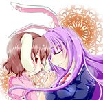  animal_ears blazer blush brown_hair bunny_ears doily holding_hands inaba_tewi jacket multiple_girls necktie purple_hair red_eyes reisen_udongein_inaba sesield tears touhou 