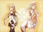  alice_(tales) bad_id bad_pixiv_id blonde_hair blue_eyes brown_hair checkered checkered_background gloves hair_ornament hat long_hair marta_lualdi multiple_girls shadow shibanashi_miso smile tales_of_(series) tales_of_symphonia tales_of_symphonia_knight_of_ratatosk white_bloomers yellow_background yellow_eyes 