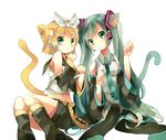  error green_hair hair_ornament hair_ribbon hairclip hatsune_miku headphones highres kagamine_rin long_hair miyu_rekuto multiple_girls paw_pose ribbon sitting thighhighs vocaloid 