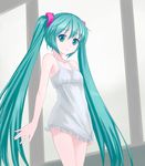  aqua_eyes aqua_hair bad_id bad_pixiv_id bare_shoulders collarbone dress dress_tug expressionless hatsune_miku legs long_hair short_dress solo tucana twintails very_long_hair vocaloid 