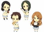  ? bad_id bad_pixiv_id black_hair braid brown_eyes brown_hair card chibi extra first_year_students_(k-on!) green_hair gum_(vivid_garden) heart holding holding_card hot_dog k-on! long_hair multiple_girls sasaki_youko school_uniform short_hair sokabe_megumi stick twin_braids 