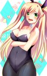  animal_ears blonde_hair blush breasts bunny_ears bunnysuit cleavage crossed_arms fang fellowship_of_stone green_eyes large_breasts long_hair murai_g navel pantyhose skin_tight solo twintails 