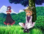  against_tree blonde_hair blue_eyes bluepony cloud crossed_arms day grass hair_ribbon hat indian_style long_skirt moriya_suwako multiple_girls nature purple_hair red_eyes ribbon shade short_hair sitting skirt sky sleeves_past_wrists smile thighhighs touhou tree tree_shade white_legwear wide_sleeves yasaka_kanako 