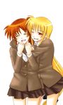  ao_toki fate_testarossa friends hug long_hair low-tied_long_hair lyrical_nanoha mahou_shoujo_lyrical_nanoha mahou_shoujo_lyrical_nanoha_a's multiple_girls school_uniform seishou_middle_school_uniform takamachi_nanoha 