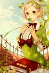  blonde_hair blue_sky book bow brick_wall clover day dress fence four-leaf_clover gloves green_dress green_eyes green_hairband grimoire hair_ornament hairband hairclip long_sleeves looking_at_viewer nature original short_hair sitting sky solo spikes table vanille 